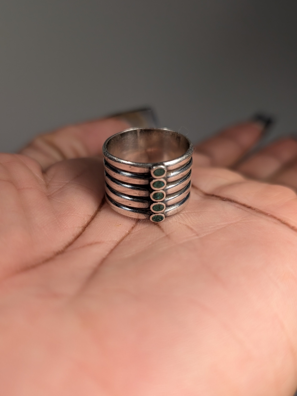 925 Stamped Sterling-Style Multi-Band Ring with Green Stone Accents